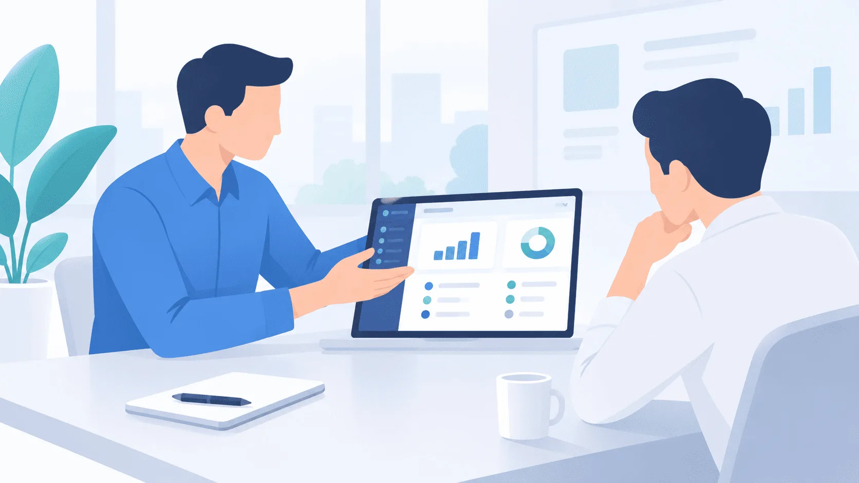 Business owner evaluating project management software with a vendor