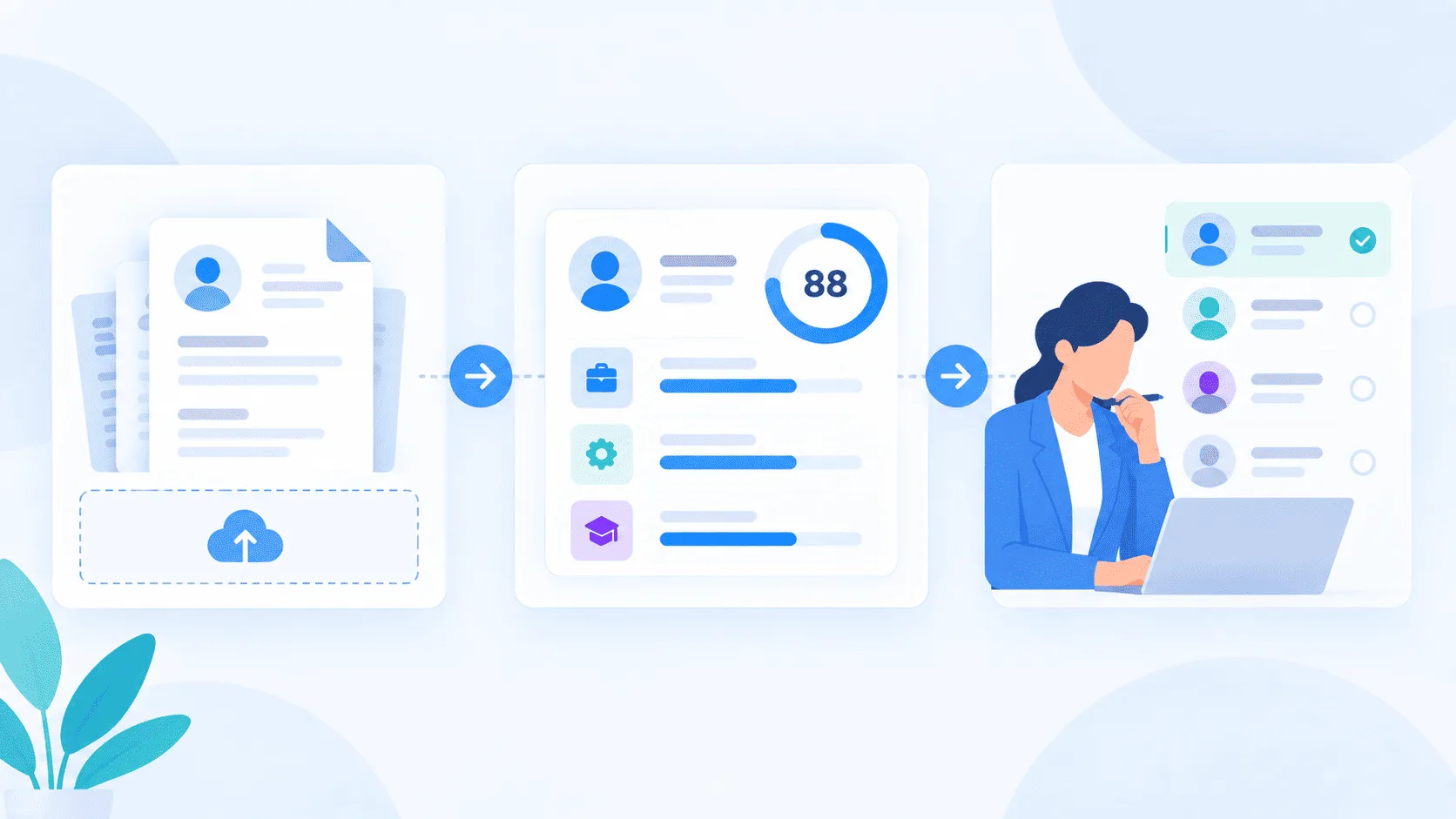 Three-step AI CV screening flow ending with a human recruiter decision