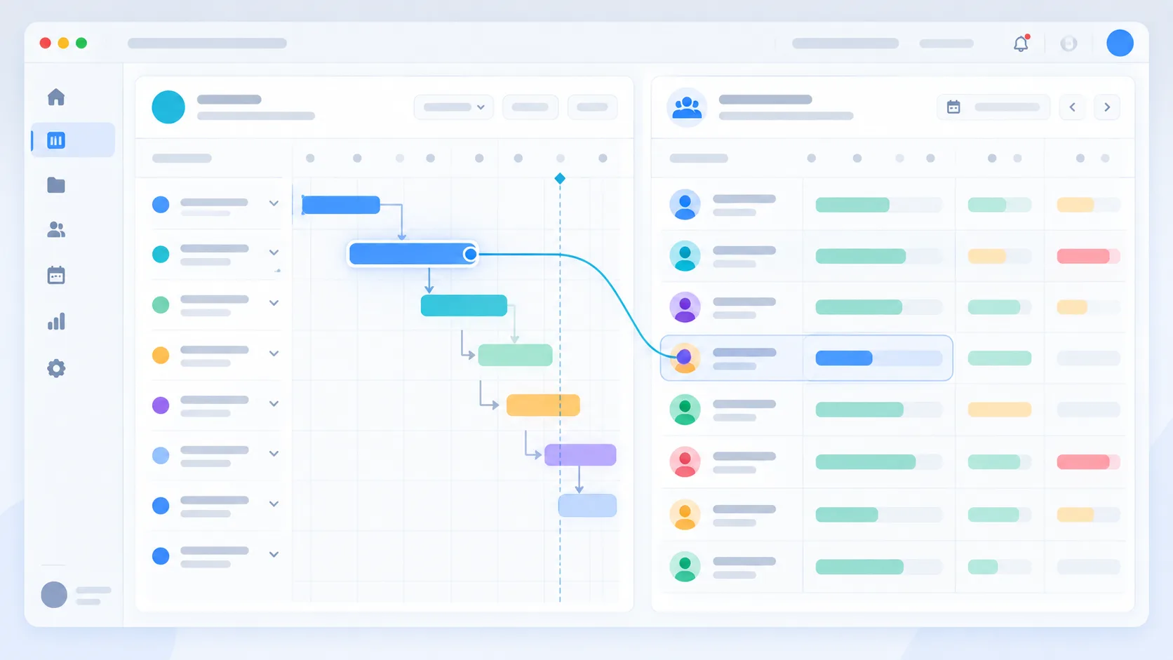 Project and resource management software interface connecting project timeline to staffing availability